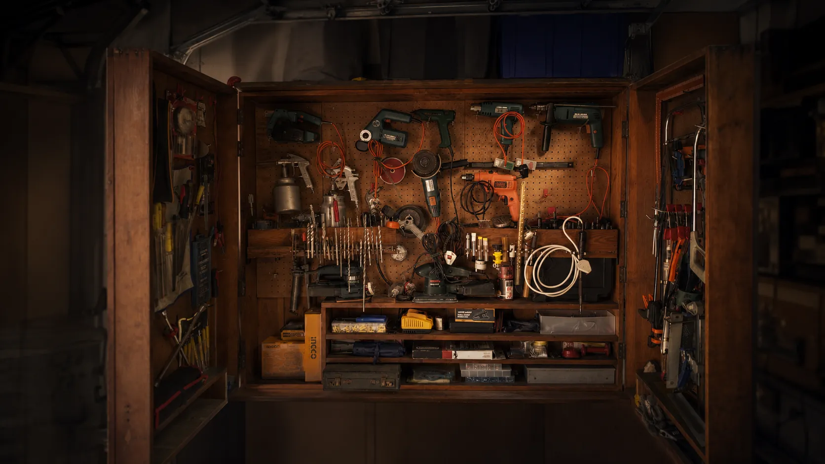 A workshop cabinet with tools being identified by Fettle